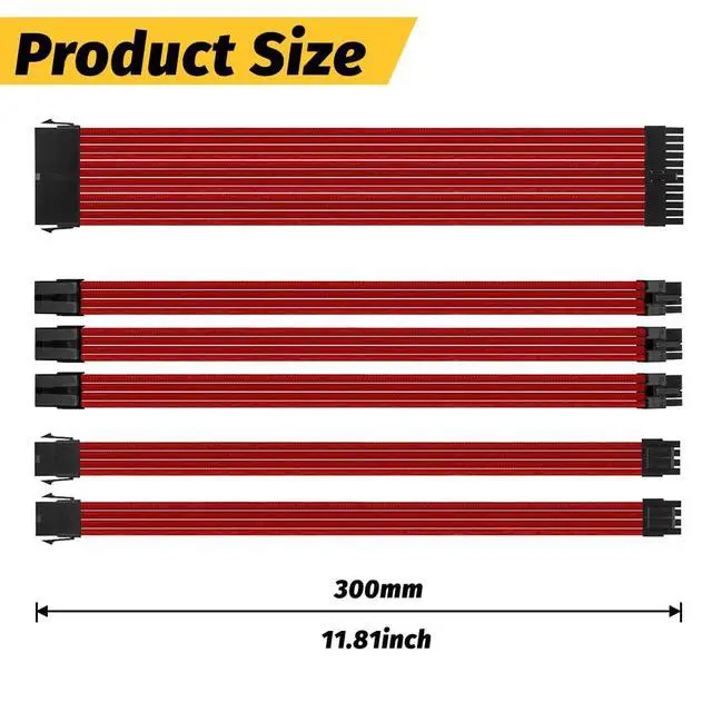 Alt view image 2 of 5 - 18AWG PSU Cable Extension Kits, Power Supply Mod Sleeve Extension Cable, 24Pin ATX Cable2x8Pin4+4 EPS Cable3X 8Pin6+2 PCI-E for PSU Cable (Red)