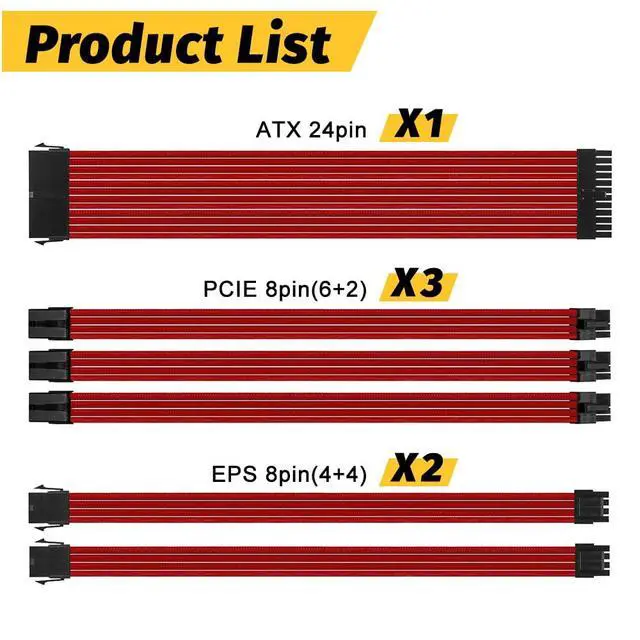 Alt view image 3 of 5 - 18AWG PSU Cable Extension Kits, Power Supply Mod Sleeve Extension Cable, 24Pin ATX Cable2x8Pin4+4 EPS Cable3X 8Pin6+2 PCI-E for PSU Cable (Red)