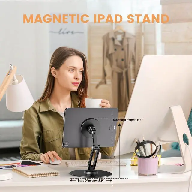 Alt view image 2 of 5 - PROSWIFT Magnetic ipad Stand, Foldable Aluminum Alloy Tablet Stand for Desk, 360° Adjustable Rotatable Tablet Holder, Portable Accessories for Home Office Meeting Room