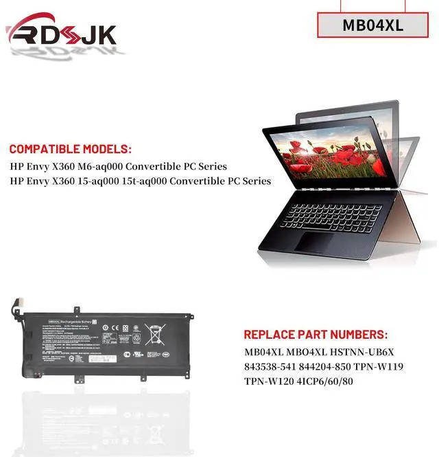 Alt view image 3 of 5 - MB04XL Laptop Battery for HP Envy X360 Convertible M6-AQ000 M6-AQ105DX M6-AQ103DX M6-AQ003DX M6-AQ105DX M6-AR004DX 15-AQ005NA AQ101NG AQ015NR AQ273CL AQ173CL 15t-AQ200 844204-850 843538-541 SQU-1208