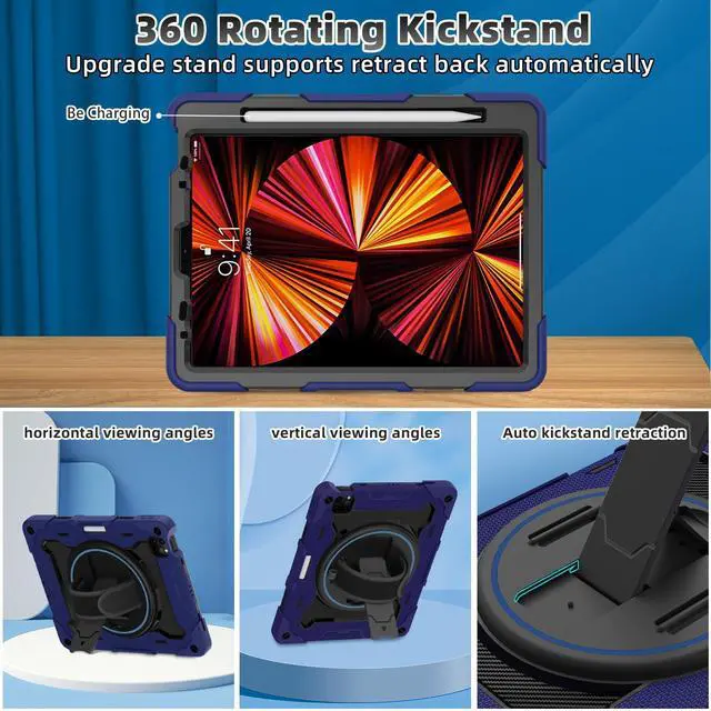 Alt view image 2 of 5 - ROSROME For iPad Air 5th 4th Generation 10.9 inch Case with Screen Protector [15ft Drop Protection] iPad Pro 11 Case 4th 3rd 2nd 1st Gen (2022 2021 2020 2018) for Kids W/ 360 Stand Hand/Shoulder Strap