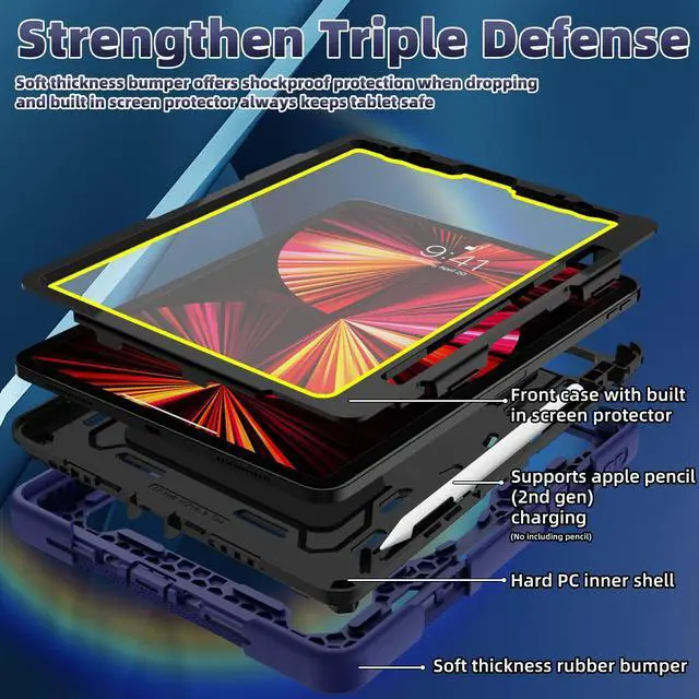 Alt view image 5 of 5 - ROSROME For iPad Air 5th 4th Generation 10.9 inch Case with Screen Protector [15ft Drop Protection] iPad Pro 11 Case 4th 3rd 2nd 1st Gen (2022 2021 2020 2018) for Kids W/ 360 Stand Hand/Shoulder Strap