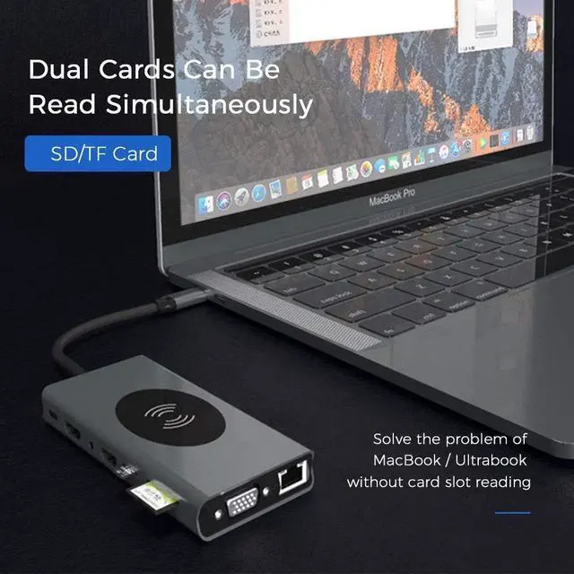 Alt view image 5 of 5 - QUMOX USB C Hub Laptop Docking Station + Wireless Charger 14-in-1, Card Reader, HDMI
