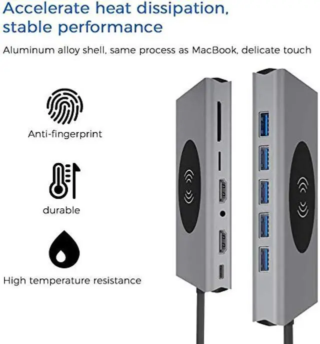 Alt view image 3 of 5 - QUMOX USB C Hub Laptop Docking Station + Wireless Charger 14-in-1, Card Reader, HDMI