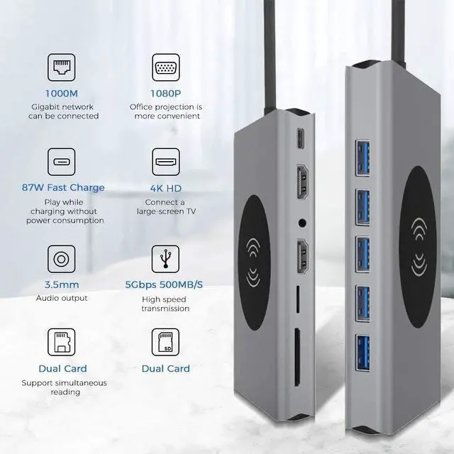 Alt view image 2 of 5 - QUMOX USB C Hub Laptop Docking Station + Wireless Charger 14-in-1, Card Reader, HDMI