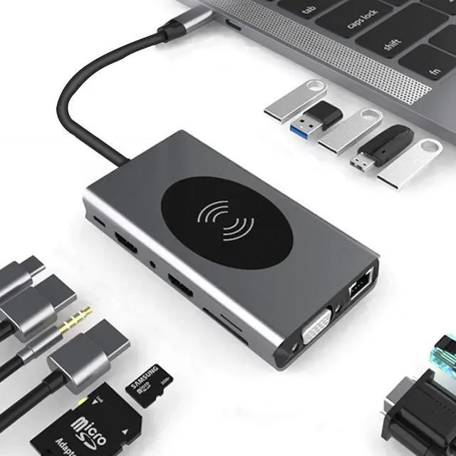 Main image of QUMOX USB C Hub Laptop Docking Station + Wireless Charger 14-in-1, Card Reader, HDMI