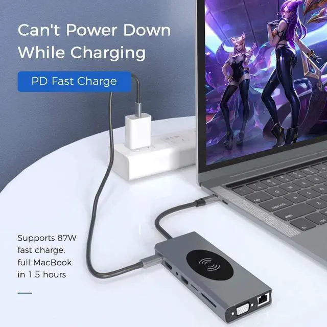 Alt view image 4 of 5 - QUMOX USB C Hub Laptop Docking Station + Wireless Charger 14-in-1, Card Reader, HDMI