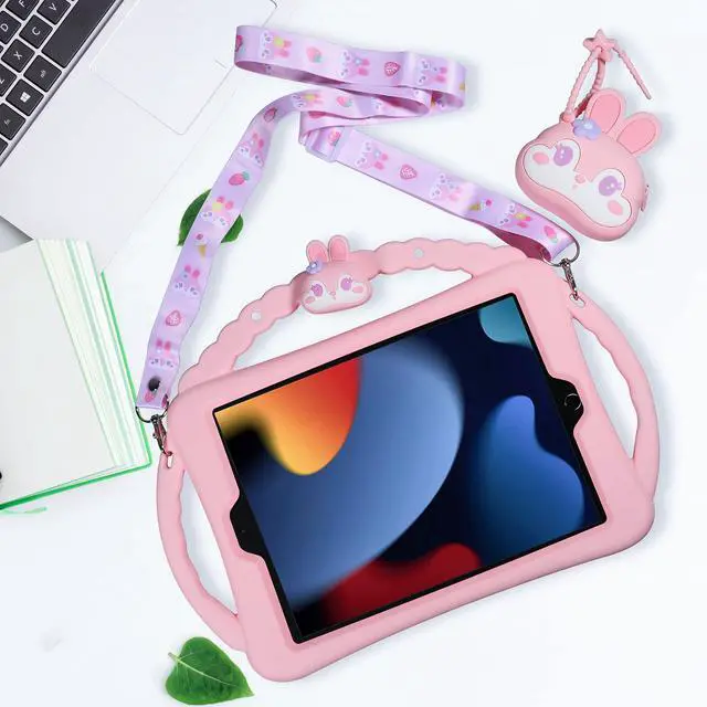 Alt view image 3 of 5 - Paorixln for iPad Mini 7th Generation 2024 Case Kids Girls, Shockproof Protective Silicone Case for iPad Mini 6th Generation 8.3 inch 2021 with 3 Handles,Straps & Mini Wallet, Cartoon Bunny(Pink)