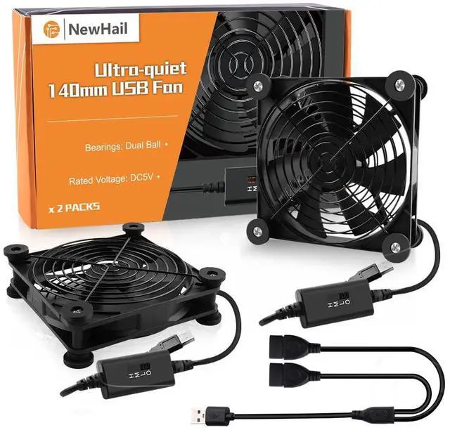 Main image of NewHail 2Pack 140mm Mini USB Fan Computer Fan Multi-Speed Control, Reduction Heat for Router, Game Console, TV Box, Recipient, Modem, DVR, Playstation, AV-Cabin