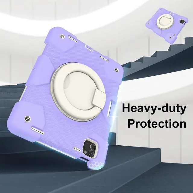 Alt view image 3 of 5 - SCSVPN for iPad Air 5th/4th Generation Case 10.9'', Protective Kids Case for iPad Pro 11 Inch 2022 2021 2020 2018(4th/3rd/2nd/1st gen) with Pencil Holder-Rotation Stand/Handle-Shoulder Strap, Purple