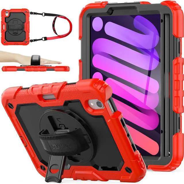 Main image of SEYMAC stock Case for iPad mini 7 (A17 Pro) 2024/ Mini 6 8.3'' with Screen Protector Pencil Holder [360 Rotating Hand Strap] &Stand, Drop-Proof Case for iPad mini 7th/6th Generation 8.3", Black+Red