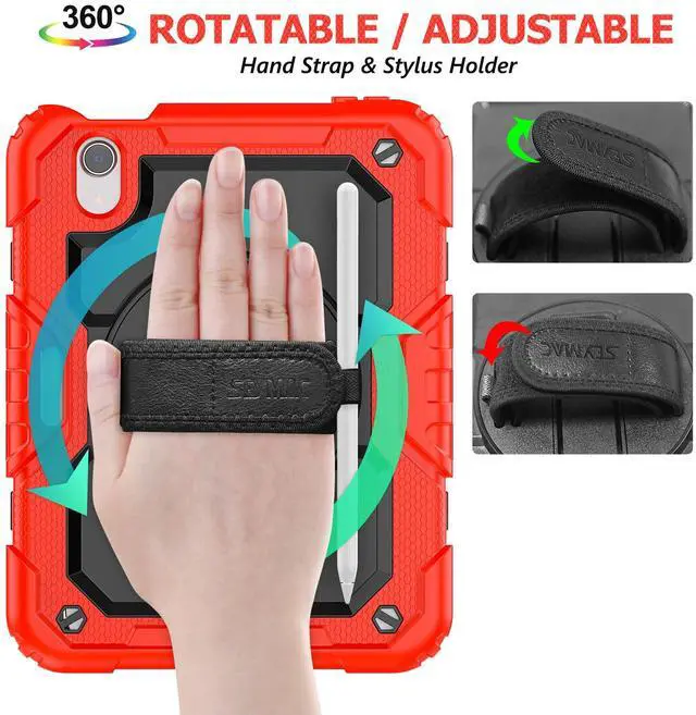 Alt view image 2 of 5 - SEYMAC stock Case for iPad mini 7 (A17 Pro) 2024/ Mini 6 8.3'' with Screen Protector Pencil Holder [360 Rotating Hand Strap] &Stand, Drop-Proof Case for iPad mini 7th/6th Generation 8.3", Black+Red