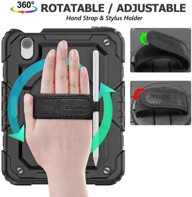 Alt view image 2 of 5 - SEYMAC stock Case for iPad Mini 7 (A17 Pro) 2024/ Mini 6 8.3'' with Screen Protector Pencil Holder [360 Rotating Hand Strap] &Stand, Drop-Proof Case for iPad Mini 7th/6th Generation 8.3", Black
