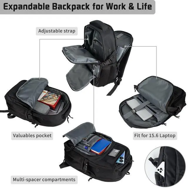 Alt view image 4 of 5 - Ogguno 15'' Travel Laptop Backpack for Men, 25L Tactical College Backpacks with Water Pouches Both Sides, Portable Backpack for Men Women Business Work Bag Fight Approved, Small Black Backpack