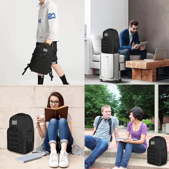 Alt view image 5 of 5 - Ogguno 15'' Travel Laptop Backpack for Men, 25L Tactical College Backpacks with Water Pouches Both Sides, Portable Backpack for Men Women Business Work Bag Fight Approved, Small Black Backpack