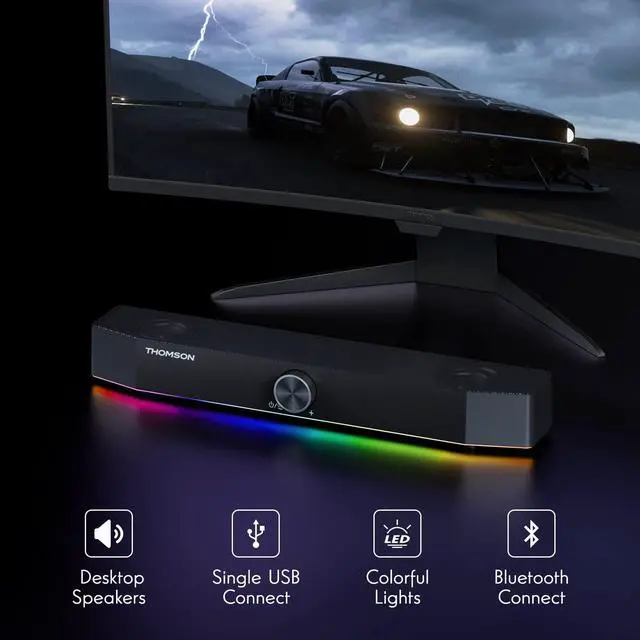 Alt view image 2 of 5 - THOMSON Computer Speakers, Bluetooth Computer SoundBar, Dynamic RGB PC Speakers with 10W Stereo Sound, 3.5mm Aux-in Connection, USB Powered Computer Speakers for PC, Desktop Monitor, Laptop, Tablets