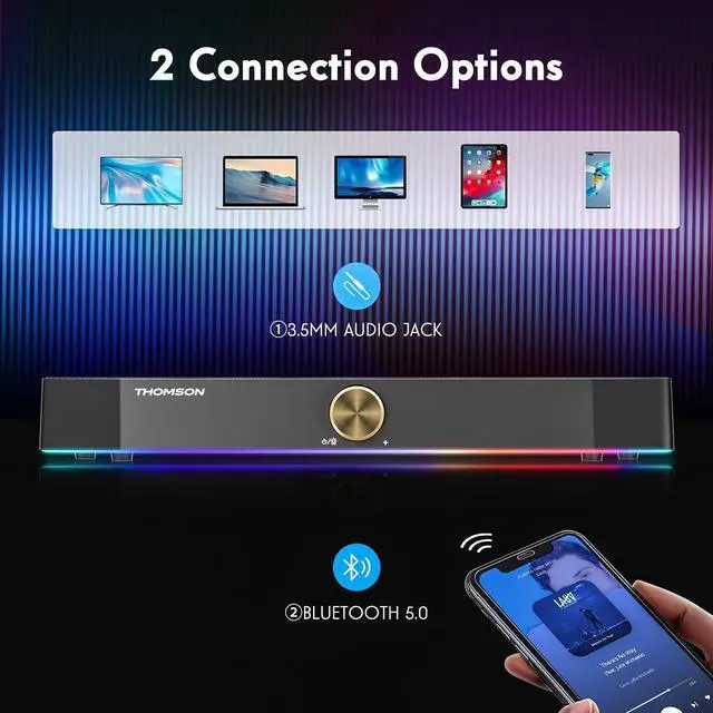 Alt view image 3 of 5 - THOMSON Computer Speakers, Bluetooth Computer SoundBar, Dynamic RGB PC Speakers with 10W Stereo Sound, 3.5mm Aux-in Connection, USB Powered Computer Speakers for PC, Desktop Monitor, Laptop, Tablets