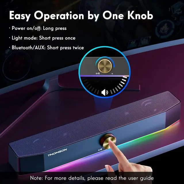 Alt view image 4 of 5 - THOMSON Computer Speakers, Bluetooth Computer SoundBar, Dynamic RGB PC Speakers with 10W Stereo Sound, 3.5mm Aux-in Connection, USB Powered Computer Speakers for PC, Desktop Monitor, Laptop, Tablets