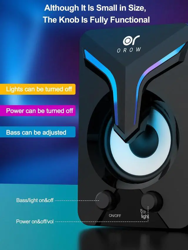 Alt view image 5 of 5 - OROW Computer Speakers,Mini PC Speakers with Subwoofer,2.1 Desktop Speaker with RGB Lights,USB Powered, Stereo Sound,Gaming Speakerwith 3.5mm Aux Cable for Monitor/Laptop/Tablet(S212)