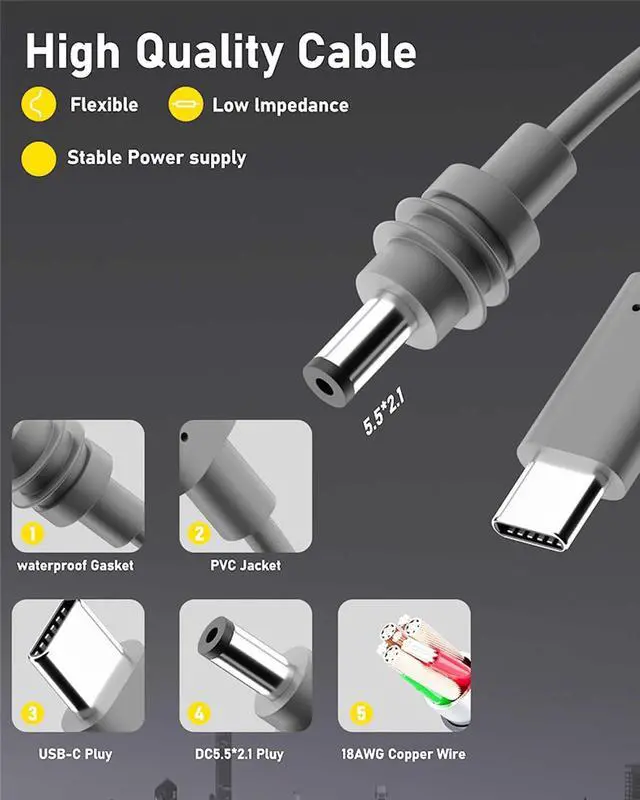 Alt view image 3 of 5 - RAINSUNG Waterproof Starlink Mini USB C to DC Power Cable Cord, Work with PD USB-C 20V 5A 100W or More Fast Charger/Power Bank/Car Charger or Other PD Source 18AWG (5m Length)