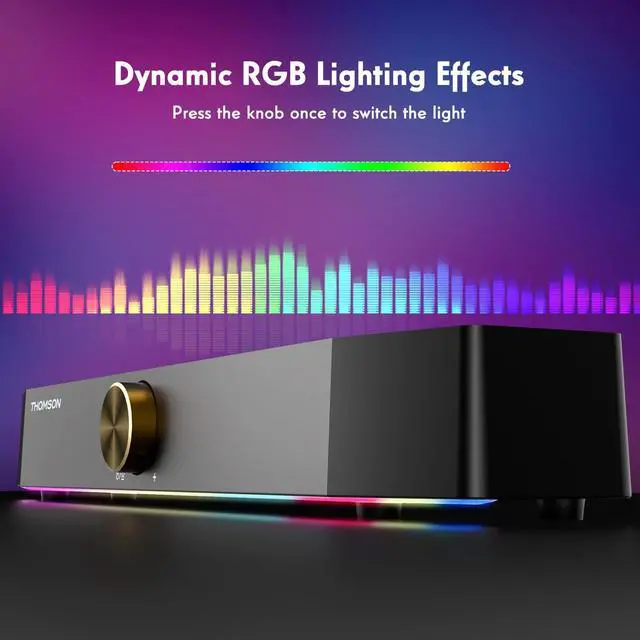 Alt view image 5 of 5 - THOMSON Computer Speakers, Bluetooth Computer SoundBar, Dynamic RGB PC Speakers with 10W Stereo Sound, 3.5mm Aux-in Connection, USB Powered Computer Speakers for PC, Desktop Monitor, Laptop, Tablets