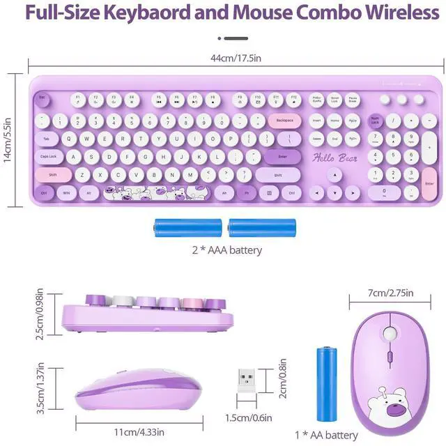 Alt view image 2 of 5 - SbocKeeb Wireless Typewriter Keyboard and Mouse Combo Retro 104 Key Full Size Office Set Purple Keyboard with Silent Round Keycaps, Ideal for Laptop and Desktop PCs, Cute Design Keyboard (Purple)