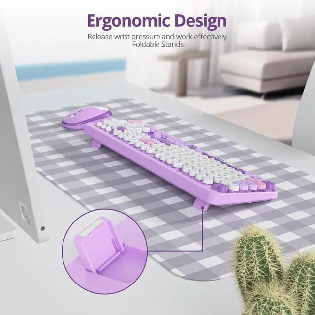 Alt view image 4 of 5 - SbocKeeb Wireless Typewriter Keyboard and Mouse Combo Retro 104 Key Full Size Office Set Purple Keyboard with Silent Round Keycaps, Ideal for Laptop and Desktop PCs, Cute Design Keyboard (Purple)