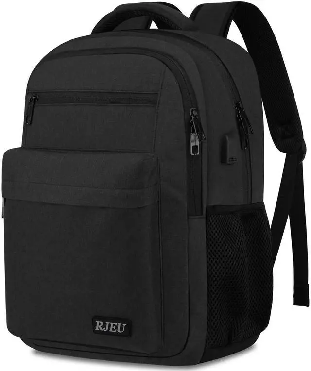 Main image of RJEU School Backpack for Teen Boys 15.6 Inch, USB Charging Port & Anti-Theft Water Resistant - School Bookbag College Business Ergonomic Backpack for Men Women, Black