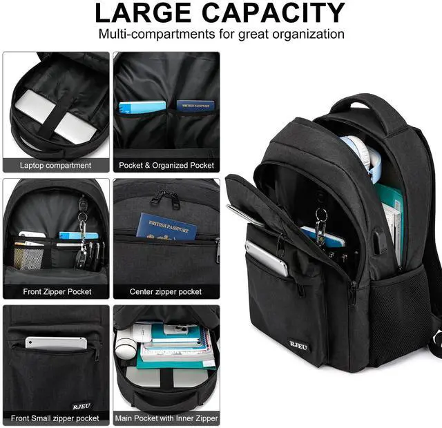 Alt view image 2 of 5 - RJEU School Backpack for Teen Boys 15.6 Inch, USB Charging Port & Anti-Theft Water Resistant - School Bookbag College Business Ergonomic Backpack for Men Women, Black