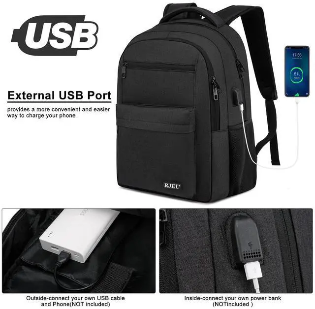 Alt view image 3 of 5 - RJEU School Backpack for Teen Boys 15.6 Inch, USB Charging Port & Anti-Theft Water Resistant - School Bookbag College Business Ergonomic Backpack for Men Women, Black