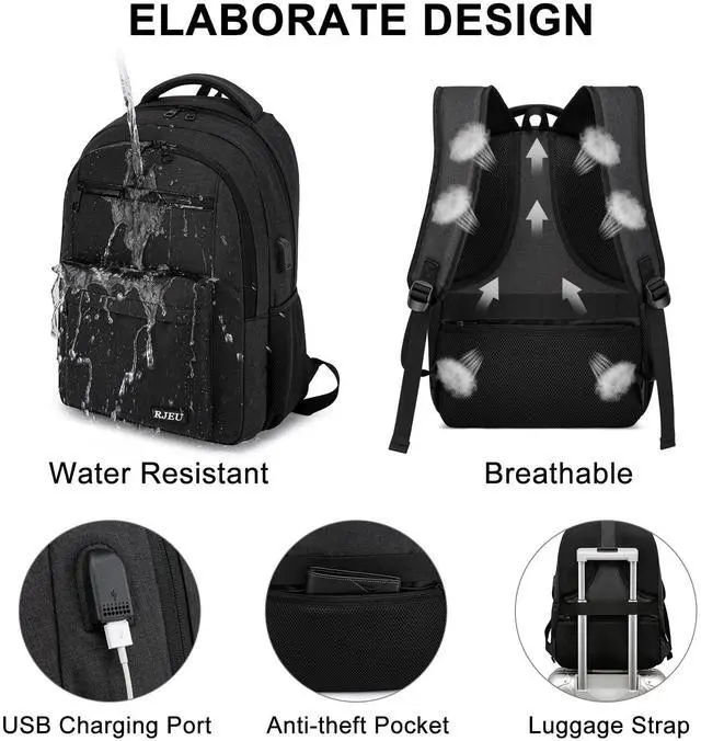 Alt view image 5 of 5 - RJEU School Backpack for Teen Boys 15.6 Inch, USB Charging Port & Anti-Theft Water Resistant - School Bookbag College Business Ergonomic Backpack for Men Women, Black