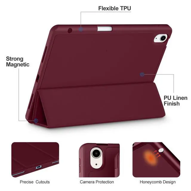 Alt view image 3 of 5 - Akkerds Compatible with iPad Air 11 Inch Case 7th/6th Generation (M3/M2) 2025/2024, for iPad Air 5th/4th Generation Case 10.9 Inch 2022/2020 with Pencil Holder[Auto Sleep/Wake], WineRed