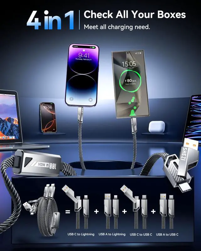 Alt view image 3 of 5 - SHEZI Multi 4-in-1 USB C Cable [90W Fast Charging & Data Sync] Flat Nylon Braided Multiple Charger Cord with L/Type C/USB A Ports for iPhone Samsung-5ft