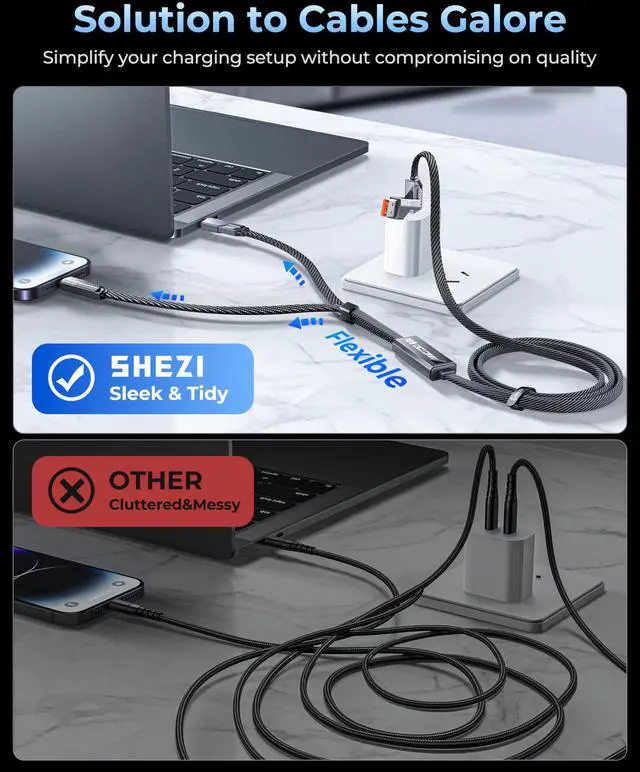 Alt view image 5 of 5 - SHEZI Multi 4-in-1 USB C Cable [90W Fast Charging & Data Sync] Flat Nylon Braided Multiple Charger Cord with L/Type C/USB A Ports for iPhone Samsung-5ft