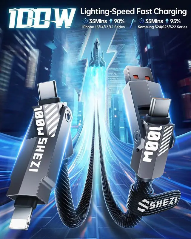 Alt view image 3 of 5 - SHEZI Upgraded 4-in-1 100W 3FT USB C Cable Lightning Cable, Nylon Braided Fast Charging iPhone iPad Charger Cord [480Mbps Data Sync],Multi Charging Cable with Lightning/Type C/USB A, Grey