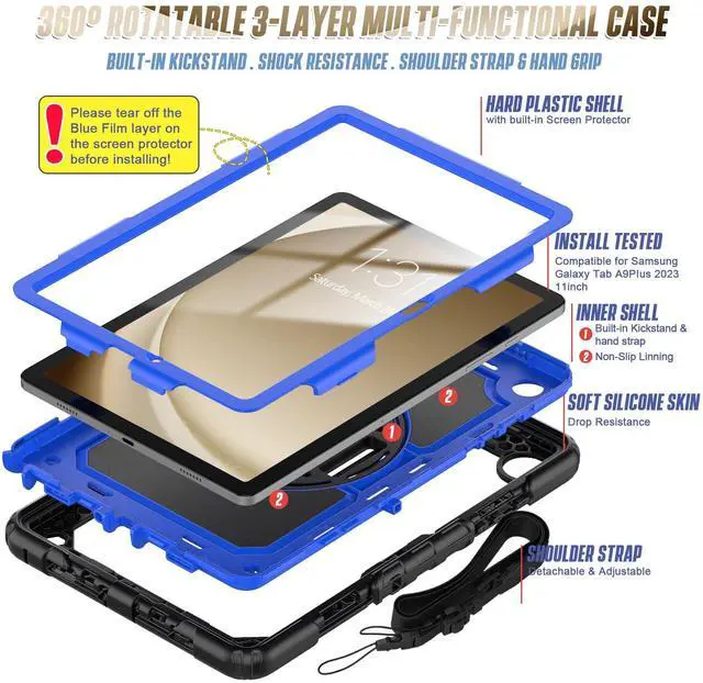 Alt view image 5 of 5 - Sibeitu Case for Samsung Galaxy Tab A9 Plus 2023 with Screen Protector Pencil Holder, Galaxy Tab A9+ Plus Case 11 Inch SM-X210/X216/X218 Heavy Duty Shockproof w/ 360 Stand Hand Shoulder Strap | Blue