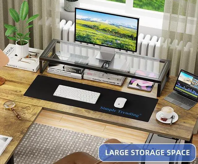 Alt view image 2 of 5 - Simple Trending Dual Monitor Stand Riser, Tempered Glass Computer Desk Organizer with Mouse Pad for Laptop, iMac, TV, Black