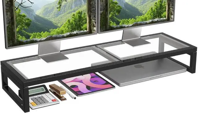 Main image of Simple Trending Dual Monitor Stand Riser, Tempered Glass Computer Desk Organizer with Mouse Pad for Laptop, iMac, TV, Black