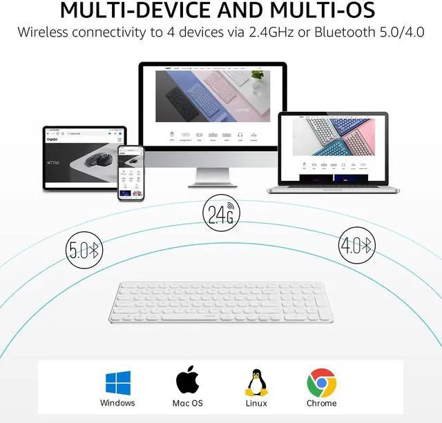 Alt view image 2 of 5 - Rapoo E9310M Wireless Keyboard for Mac/iPad/PC, Multi-Device Bluetooth Keyboard with Number Pad, Low-Profile, Quiet Typing, 99-Key, Battery Powered, Support 4 Devices for Windows, Linux, Chrome, Mac