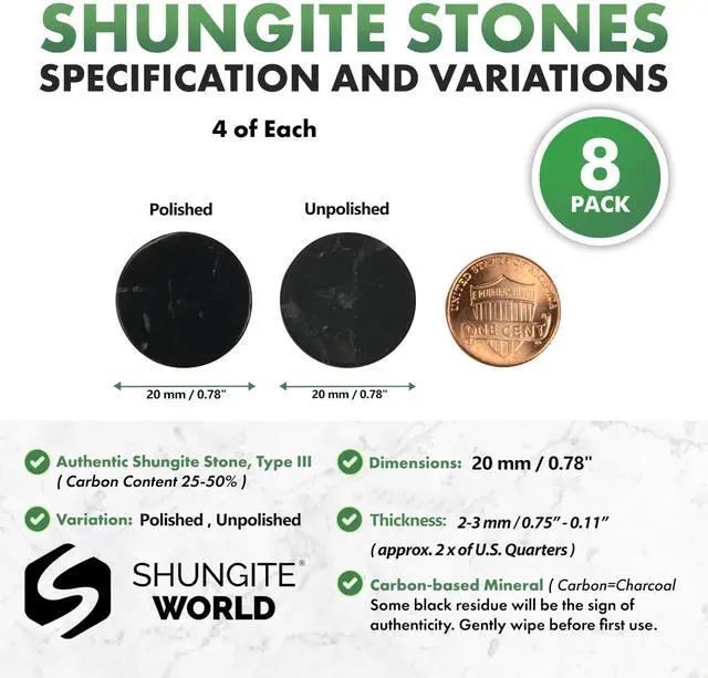 Alt view image 2 of 5 - Shungite World 8 pcs Shungite Stickers Set Round 20 mm Polished and Unpolished (4 of Each) for Cell Phone Case Tablet Laptop Computer - Energy Shungite Stones Protection Plate with Carbon Fullerenes