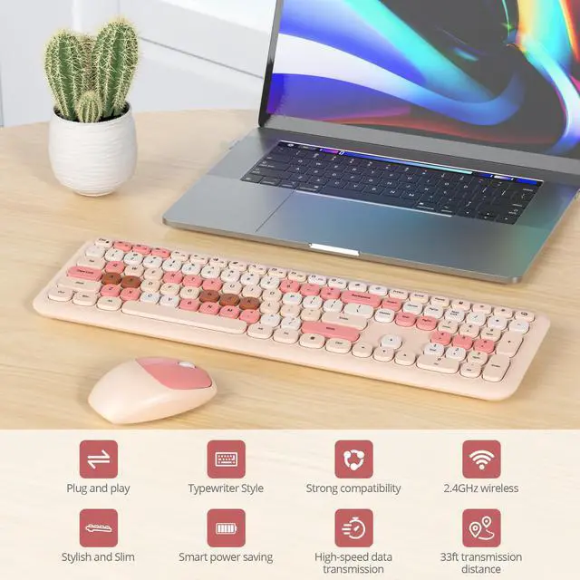 Alt view image 3 of 5 - SbocKeeb Wireless Typewriter Keyboard and Mouse Combo Retro 104 Key Full Size Office Set Milk Tea Keyboard with Silent Round Keycaps, Ideal for Laptop and Desktop PCs, Cute Design Keyboard (Milk Tea)
