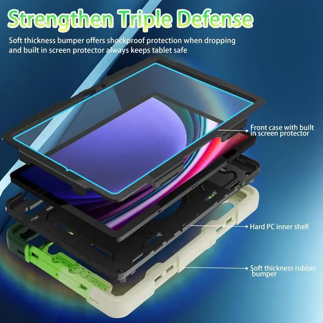 Alt view image 2 of 5 - ROSROME for Samsung Galaxy Tab Tab S10 FE / S9 / S9 FE 5G, Heavy Duty Shockproof Protective Case with Screen Protector, 360 Stand, Hand Strap and Pen Holder for Galaxy Tab S10 FE /S9 FE 10.9''/S9 11''