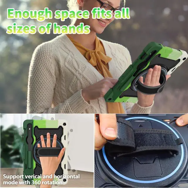 Alt view image 3 of 5 - ROSROME for Samsung Galaxy Tab Tab S10 FE / S9 / S9 FE 5G, Heavy Duty Shockproof Protective Case with Screen Protector, 360 Stand, Hand Strap and Pen Holder for Galaxy Tab S10 FE /S9 FE 10.9''/S9 11''