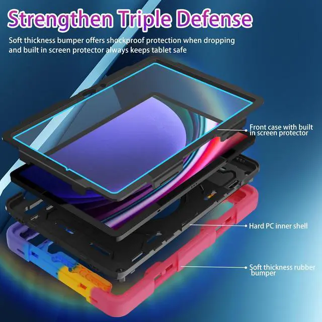 Alt view image 2 of 5 - ROSROME for Samsung Galaxy Tab Tab S10 FE / S9 / S9 FE 5G, Heavy Duty Shockproof Protective Case with Screen Protector, 360 Stand, Hand Strap and Pen Holder for Galaxy Tab S10 FE /S9 FE 10.9''/S9 11''