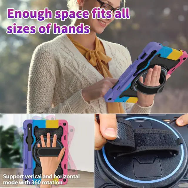 Alt view image 3 of 5 - ROSROME for Samsung Galaxy Tab Tab S10 FE / S9 / S9 FE 5G, Heavy Duty Shockproof Protective Case with Screen Protector, 360 Stand, Hand Strap and Pen Holder for Galaxy Tab S10 FE /S9 FE 10.9''/S9 11''