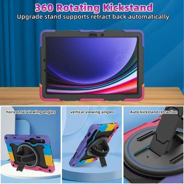 Alt view image 4 of 5 - ROSROME for Samsung Galaxy Tab Tab S10 FE / S9 / S9 FE 5G, Heavy Duty Shockproof Protective Case with Screen Protector, 360 Stand, Hand Strap and Pen Holder for Galaxy Tab S10 FE /S9 FE 10.9''/S9 11''