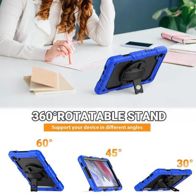 Alt view image 4 of 5 - SEYMAC Case for Samsung Galaxy Tab A7 Lite 8.7" (SM-T220/ T225/ T227), Heavy Duty Full-Body Shockproof Protective Case with Screen Protector, Rotating Stand, Hand/Shoulder Strap, Blue