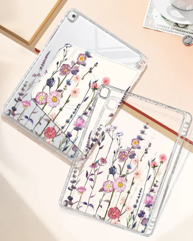Alt view image 4 of 5 - Shorogyt for iPad 9th/8th/7th Generation 10.2 Inch Case Magnetic Stand for Women - Cute Design 360 Degree Rotating Covers Girls Kids with Pencil Holder for Apple i Pad 9/8/7 Gen,Little Flower