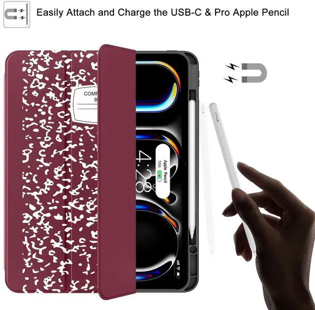 Alt view image 4 of 5 - Soke for New iPad Pro 13 Inch Case (M4, 2024 Release), with Pencil Holder Trifold Stand Shockproof [Support Apple Pencil Charging + Auto Wake/Sleep], Soft TPU Back Cover, Book Wine