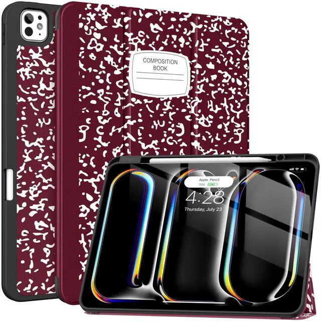 Main image of Soke for New iPad Pro 13 Inch Case (M4, 2024 Release), with Pencil Holder Trifold Stand Shockproof [Support Apple Pencil Charging + Auto Wake/Sleep], Soft TPU Back Cover, Book Wine